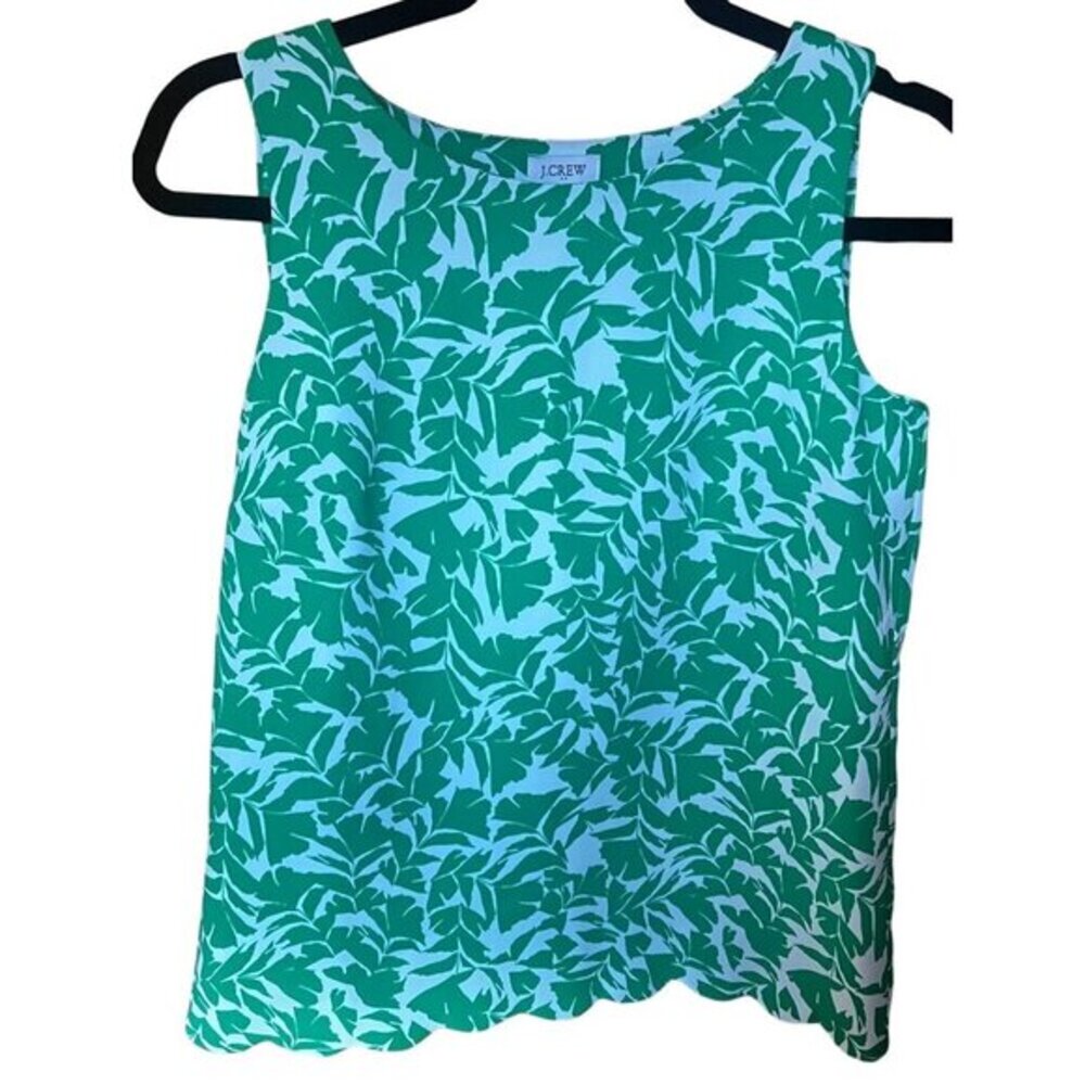 J.Crew Women's Sleeveless Green‎ & White Scalloped Hem Leaf Print Top XXS